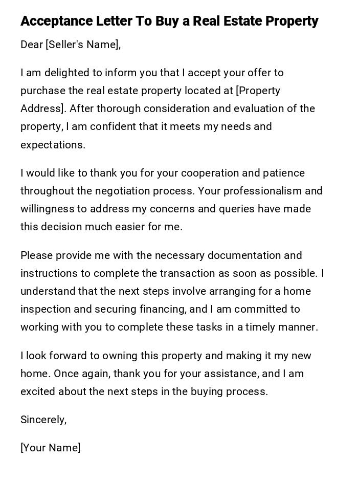 Acceptance Letter To Buy a Real Estate Property