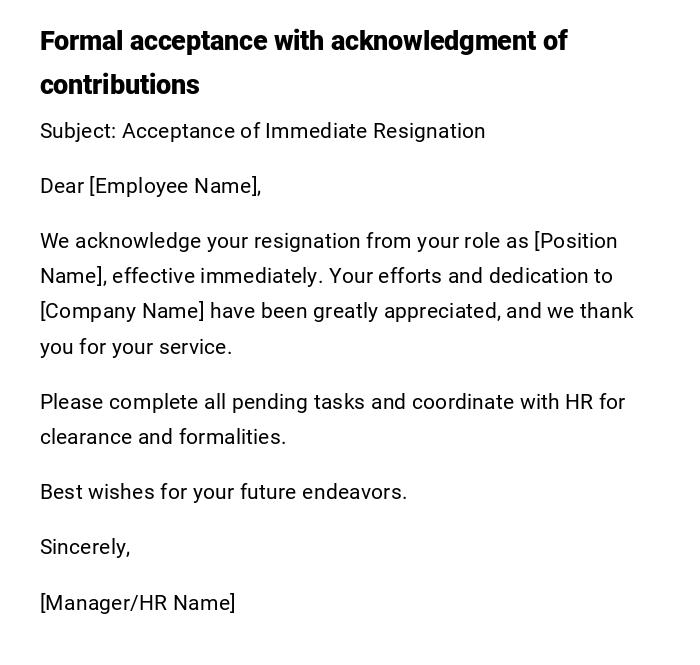 Formal acceptance with acknowledgment of contributions