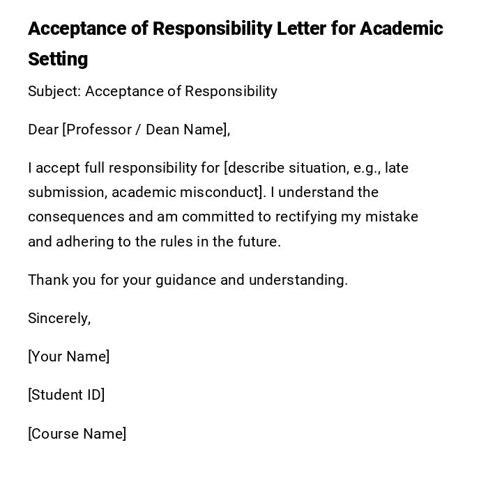 Acceptance of Responsibility Letter for Academic Setting