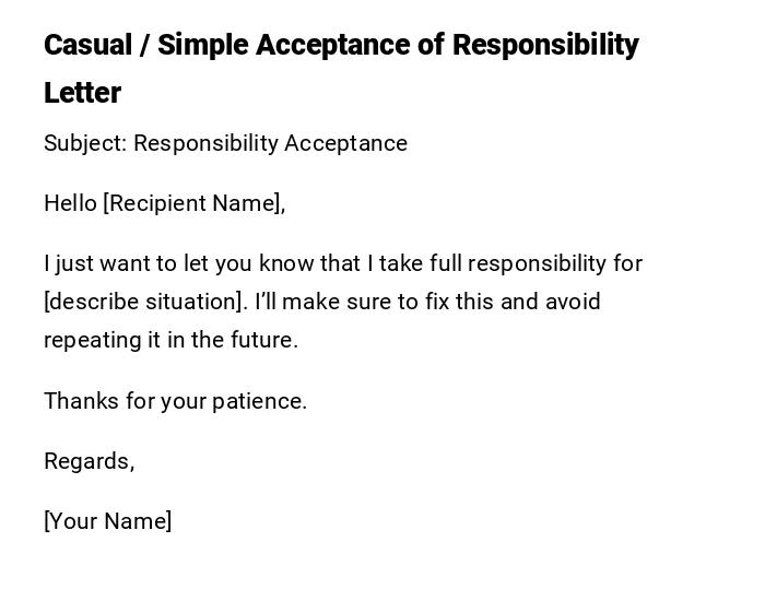Casual / Simple Acceptance of Responsibility Letter