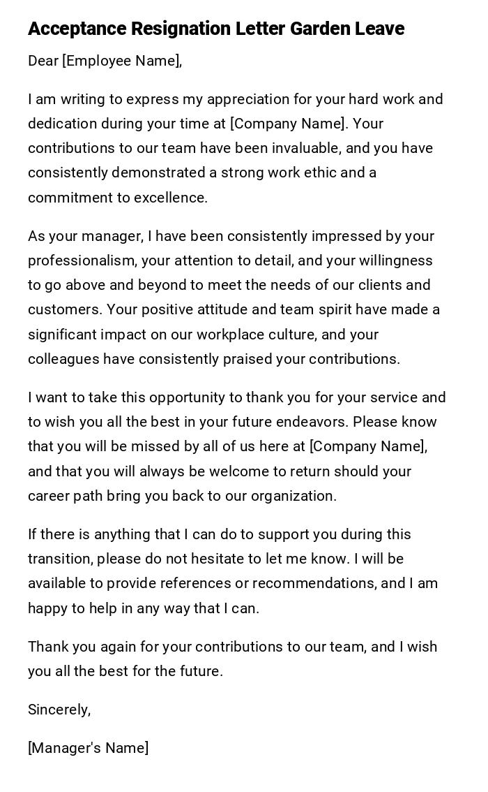 Acceptance Resignation Letter Garden Leave Acceptance Resignation Letter Garden Leave