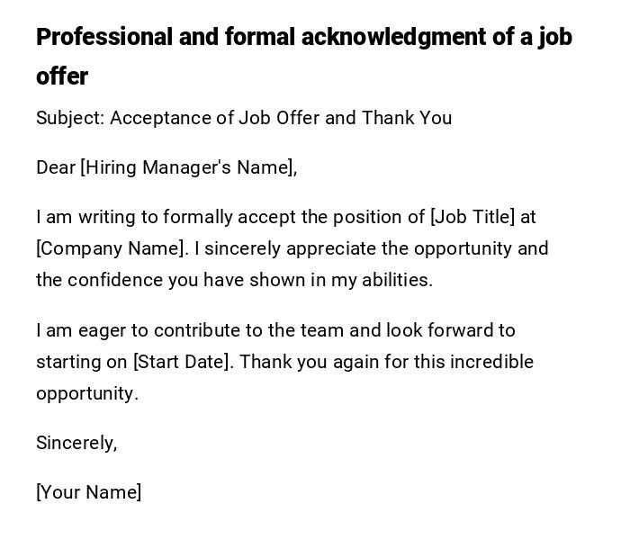Professional and formal acknowledgment of a job offer