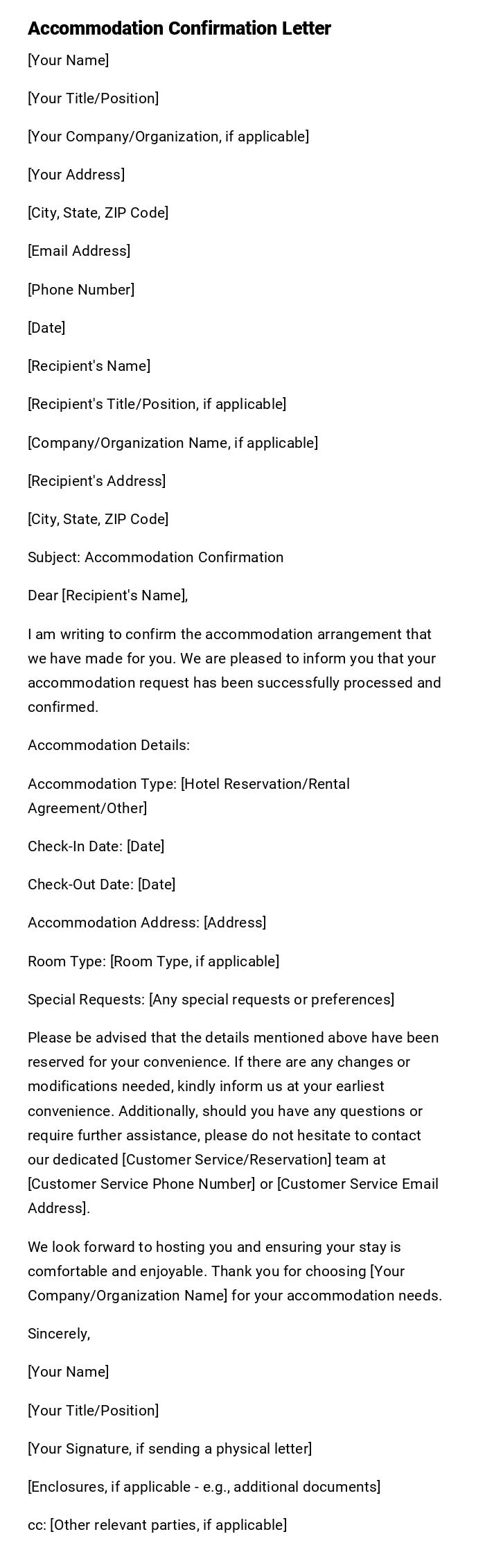Accommodation Confirmation Letter