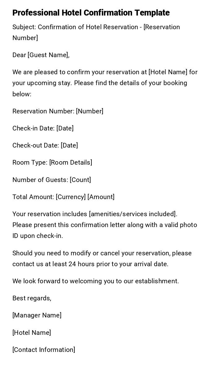 Professional Hotel Confirmation Template