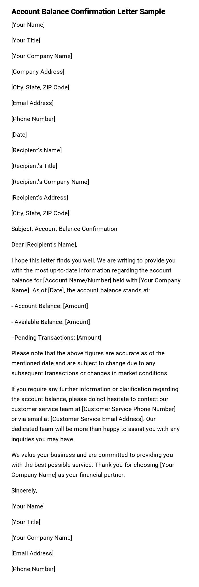 Account Balance Confirmation Letter Sample