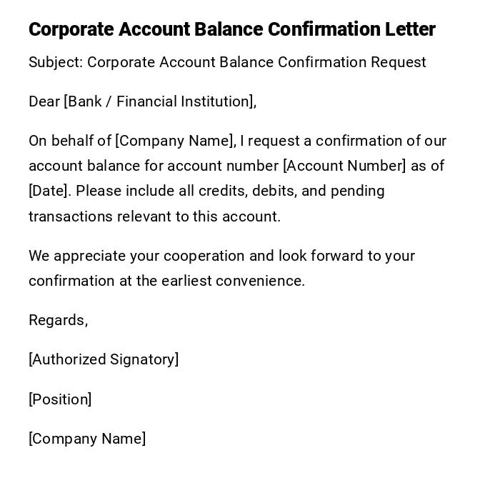 Corporate Account Balance Confirmation Letter