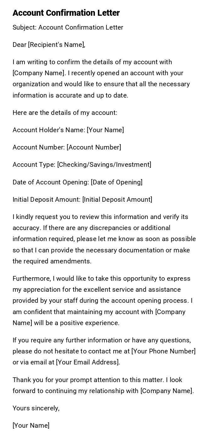 Account Confirmation Letter