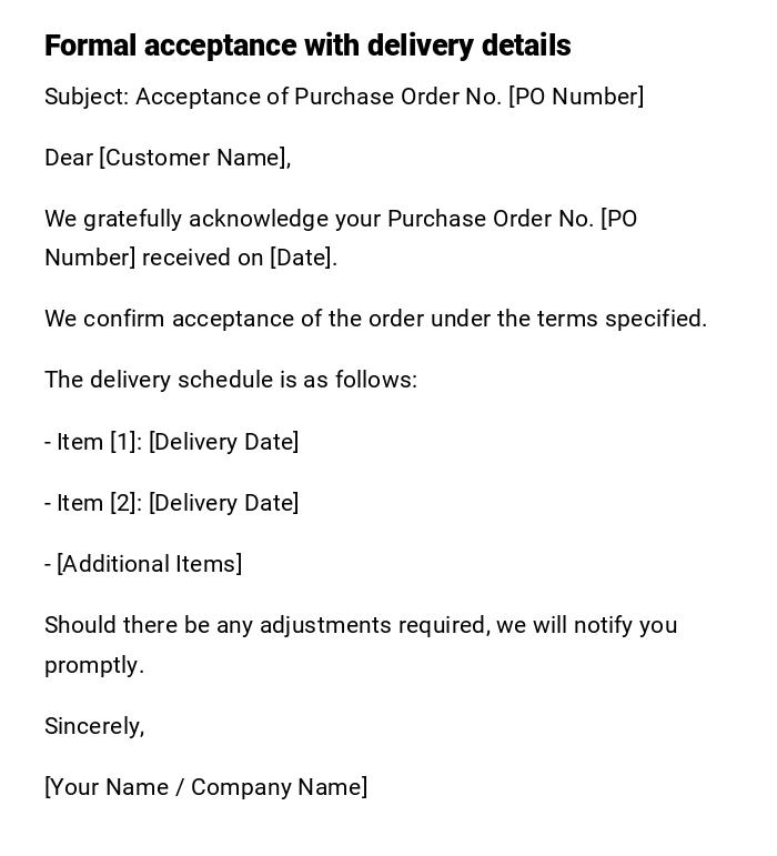 Formal acceptance with delivery details