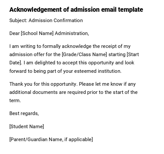Acknowledgement of admission email template
