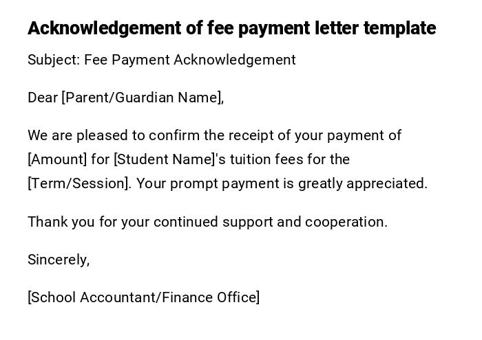 Acknowledgement of fee payment letter template