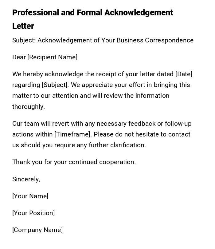 Professional and Formal Acknowledgement Letter