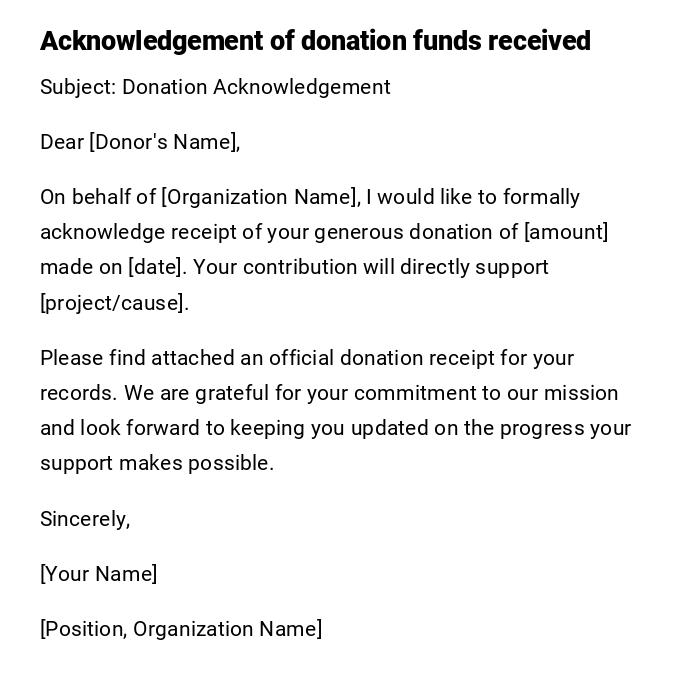 Acknowledgement of donation funds received