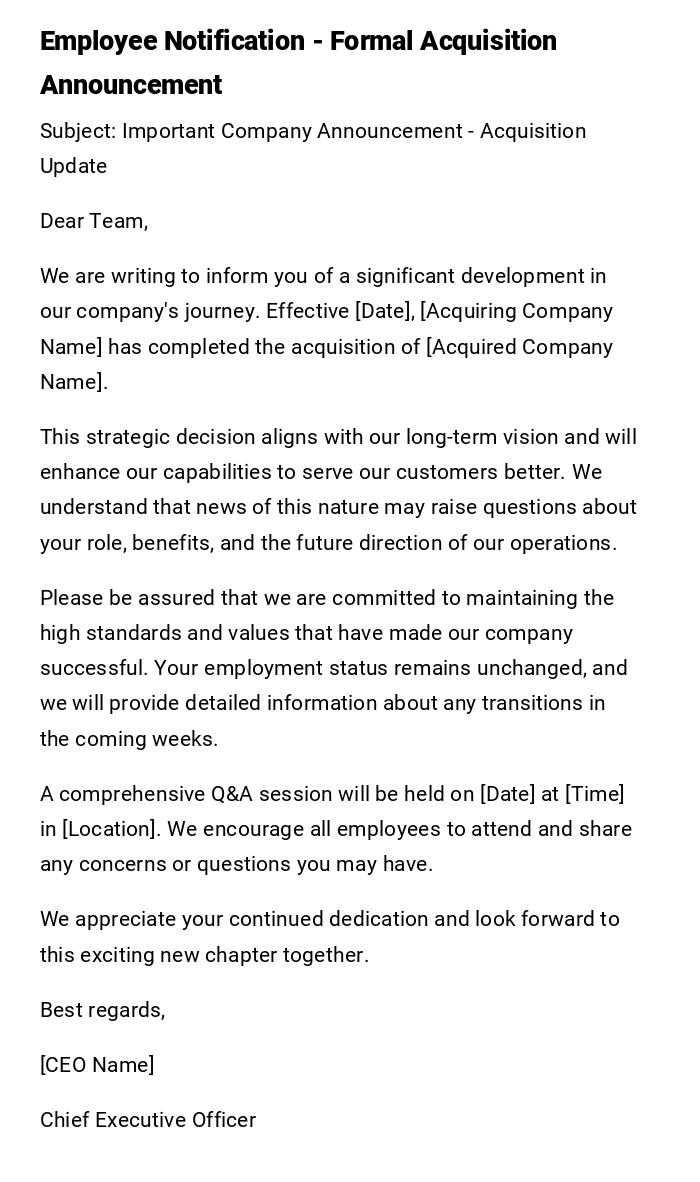 Employee Notification - Formal Acquisition Announcement