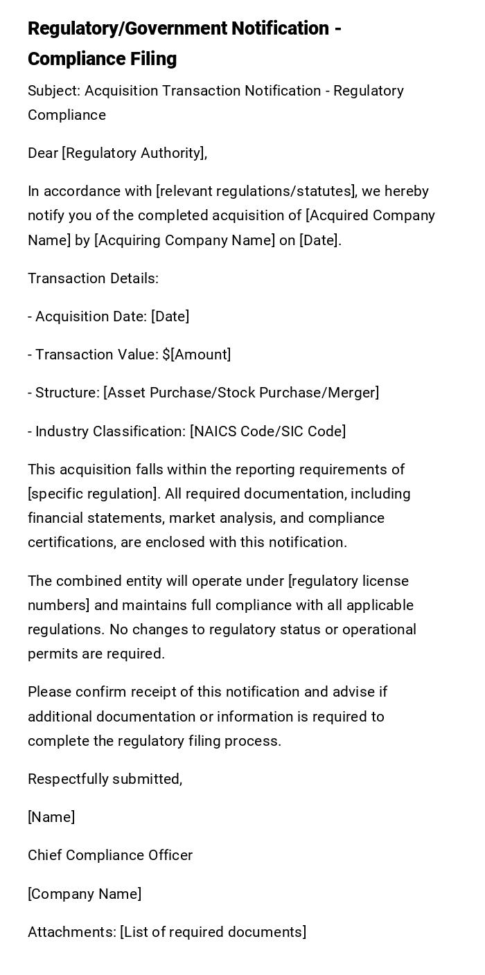 Regulatory/Government Notification - Compliance Filing