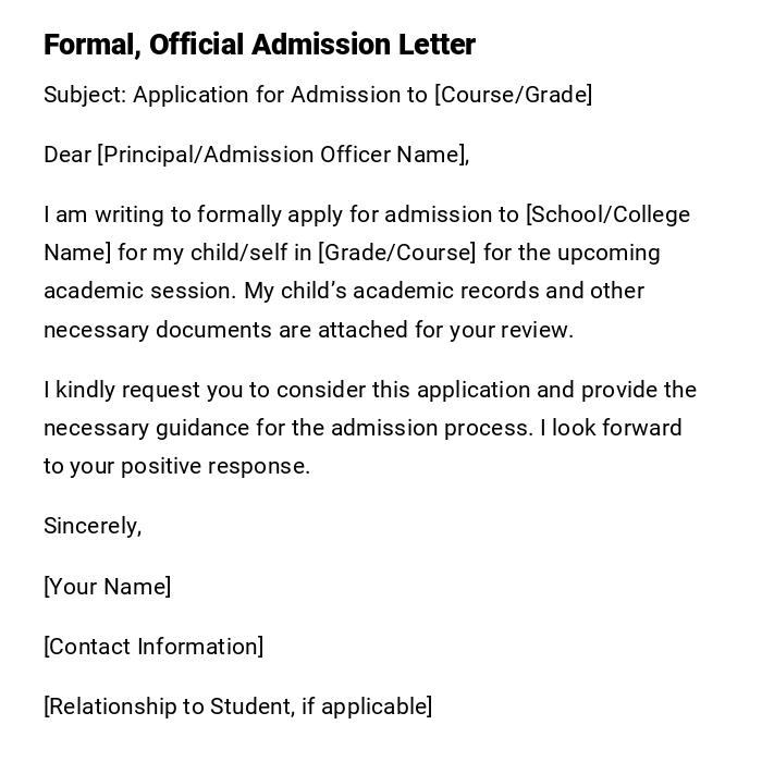Formal, Official Admission Letter