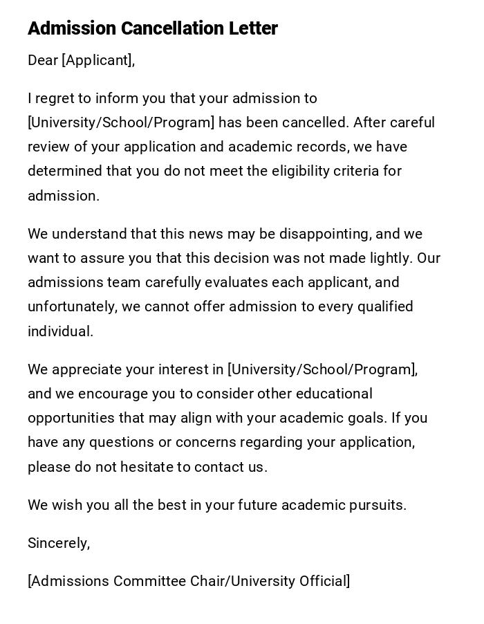 Admission Cancellation Letter Admission Cancellation Letter