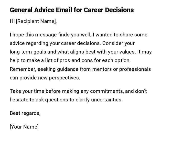General Advice Email for Career Decisions