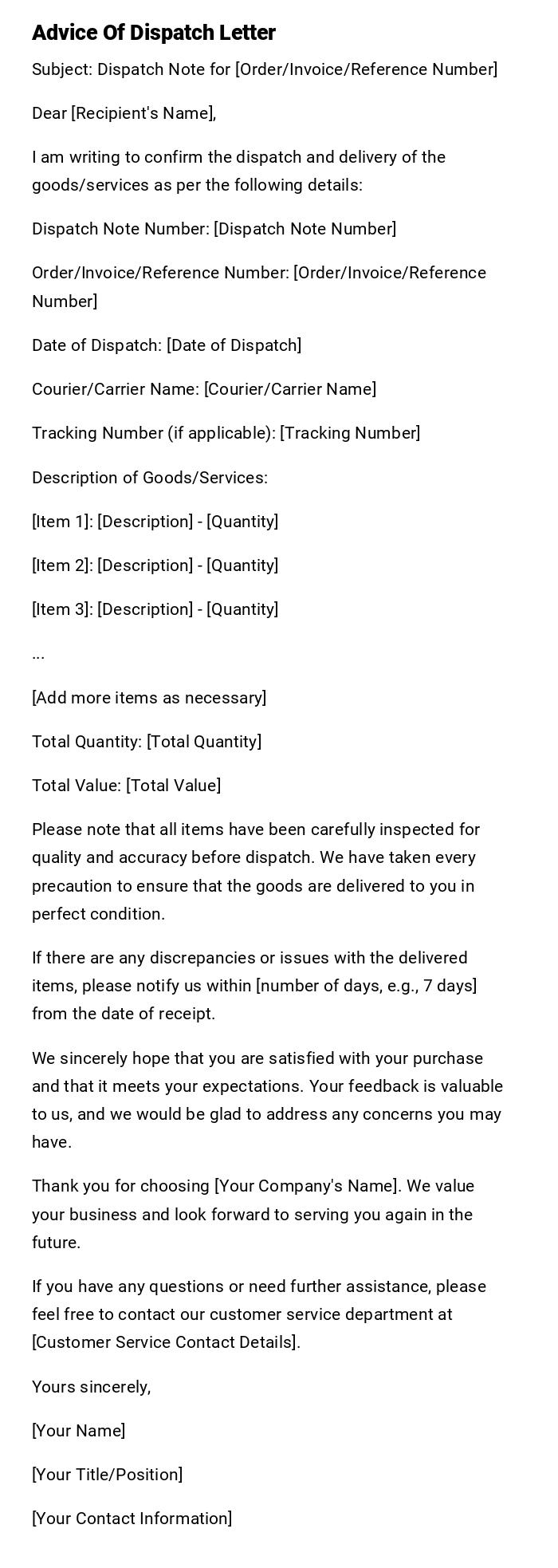 Advice Of Dispatch Letter