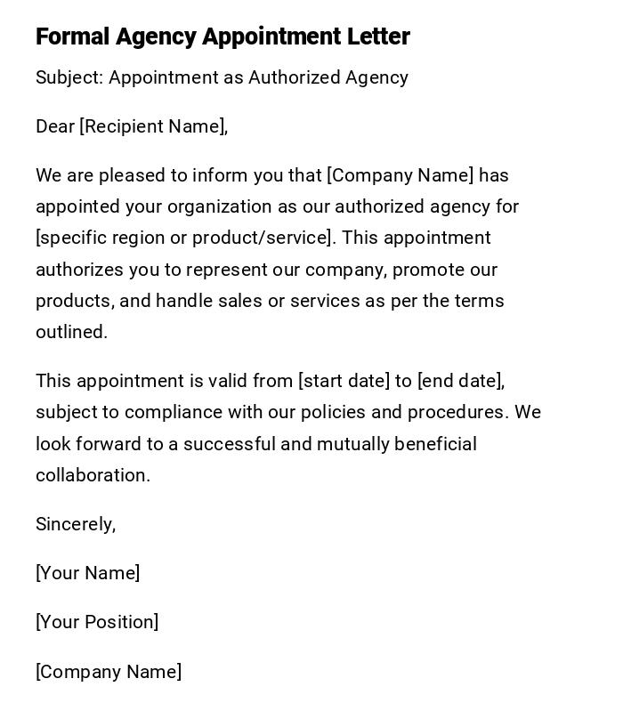 Formal Agency Appointment Letter