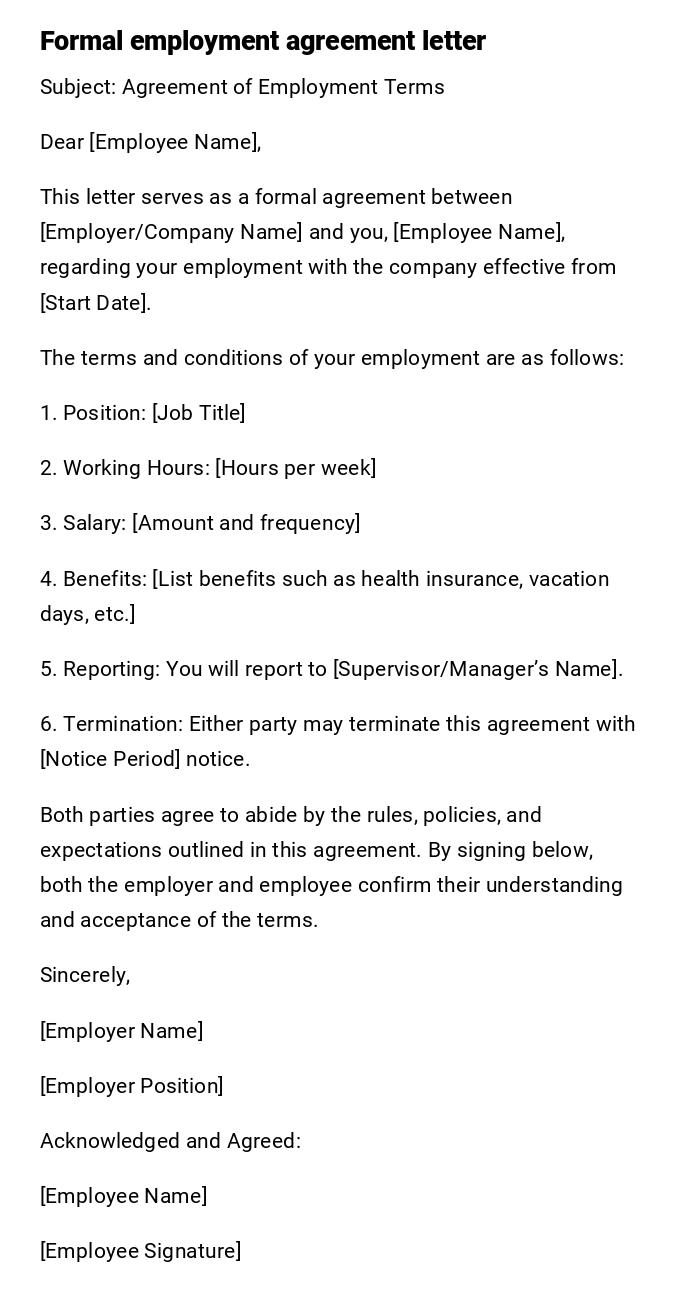 Formal employment agreement letter