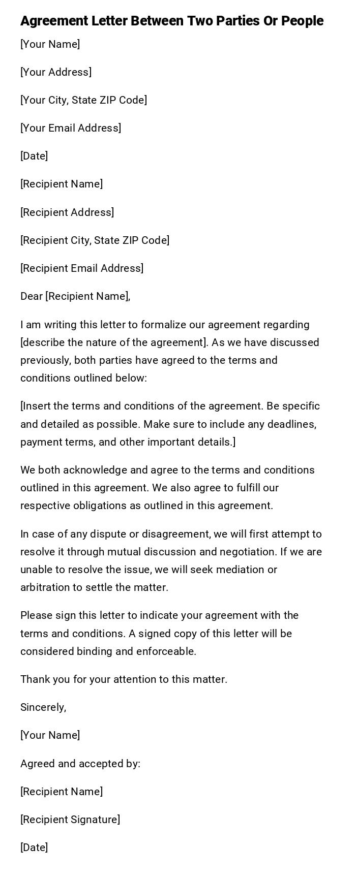Agreement Letter Between Two Parties Or People Agreement Letter Between Two Parties Or People