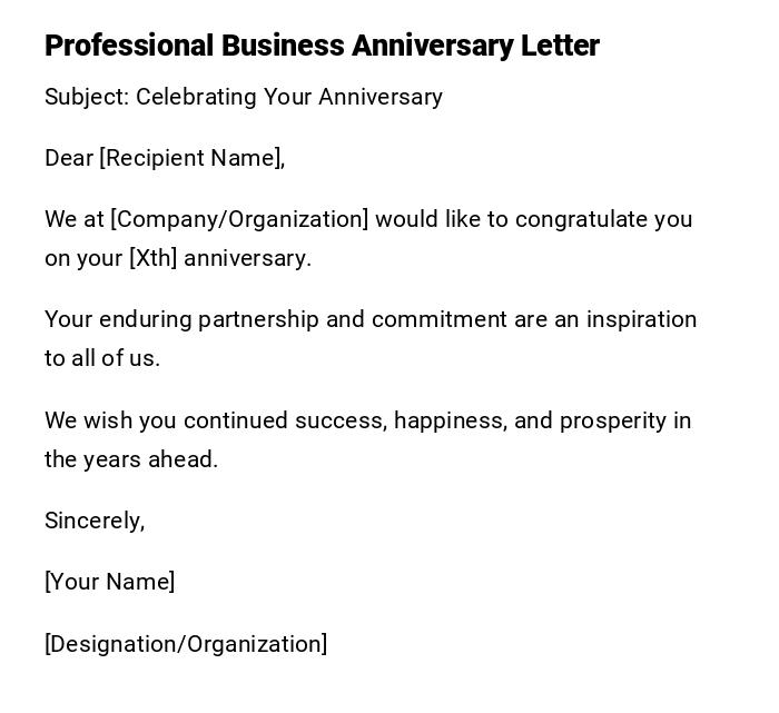 Professional Business Anniversary Letter