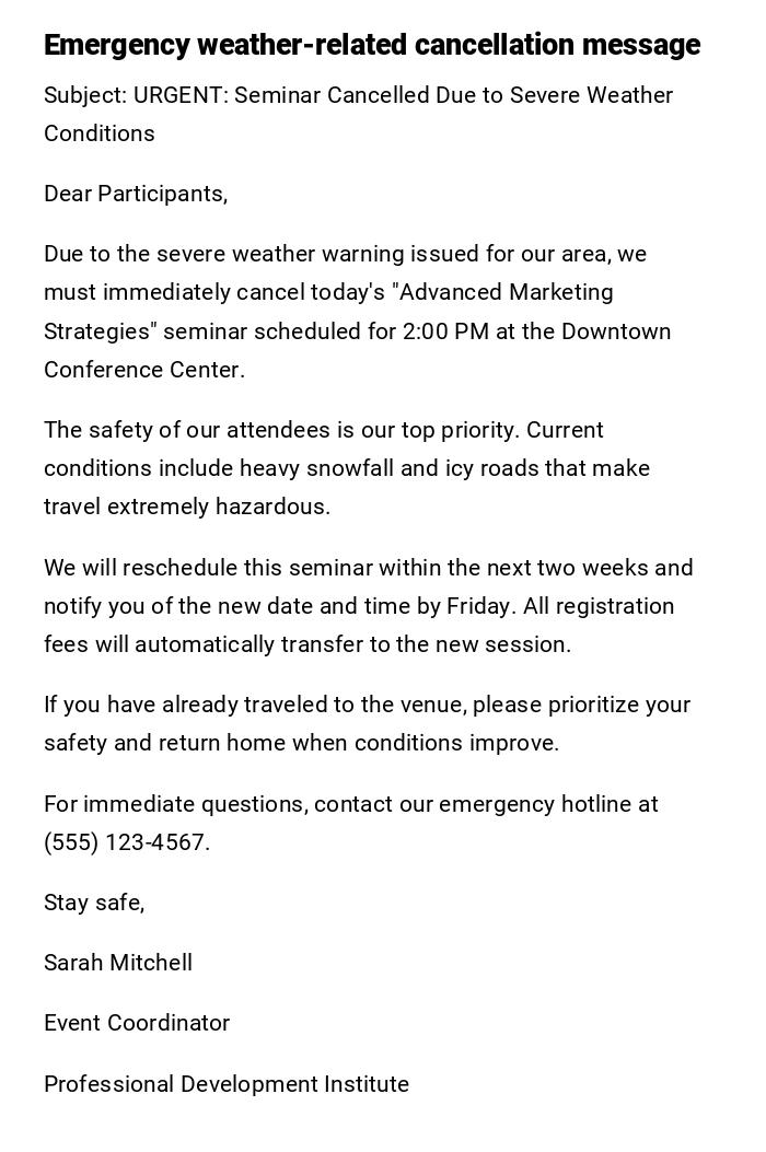 Emergency weather-related cancellation message