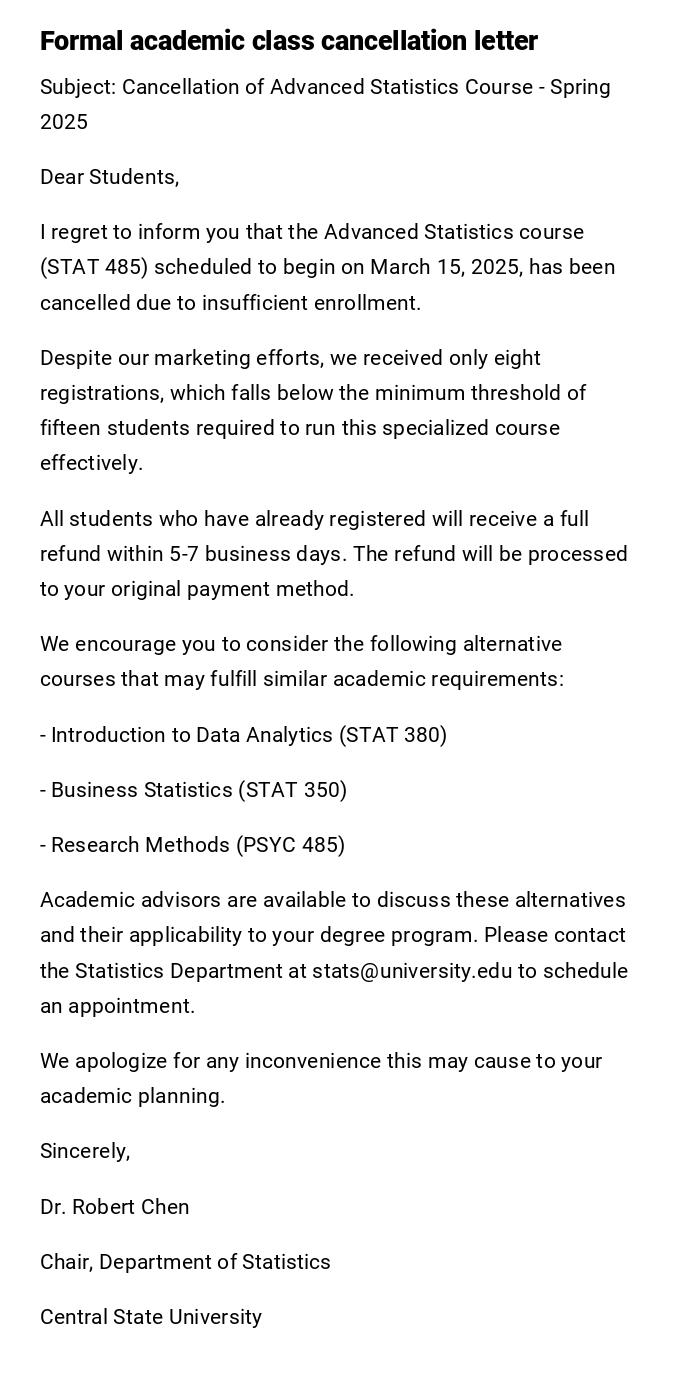 Formal academic class cancellation letter