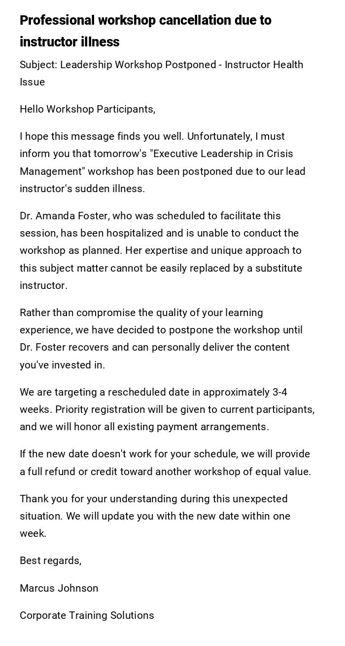 Professional workshop cancellation due to instructor illness
