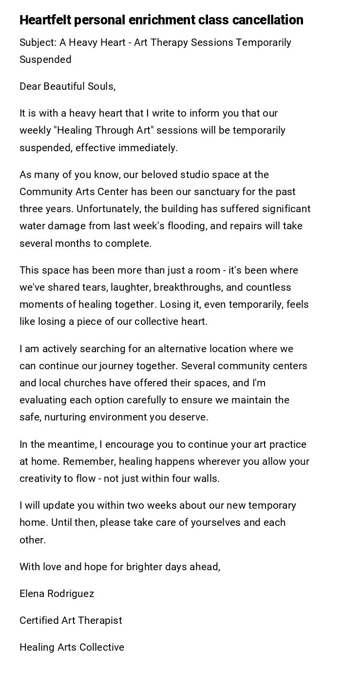 Heartfelt personal enrichment class cancellation