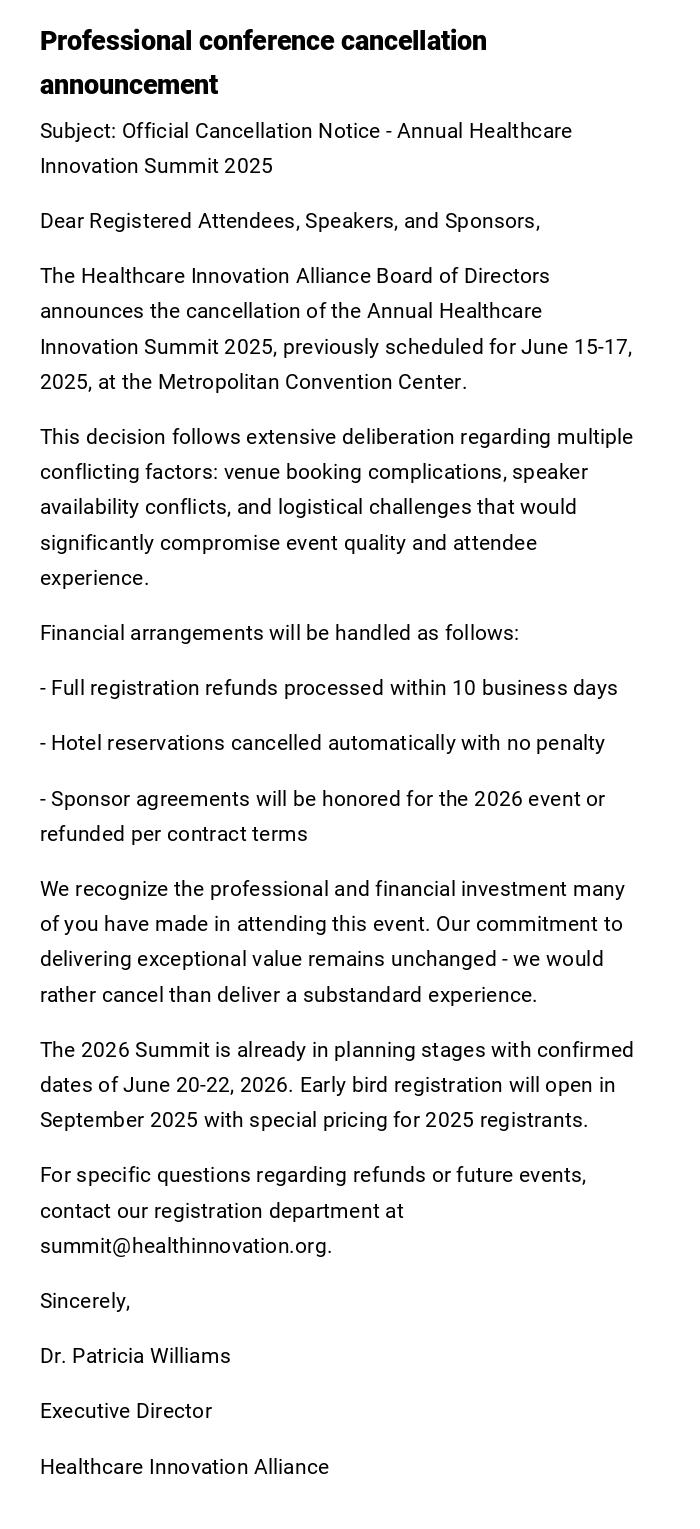 Professional conference cancellation announcement