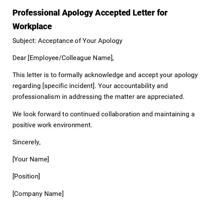 Professional Apology Accepted Letter for Workplace