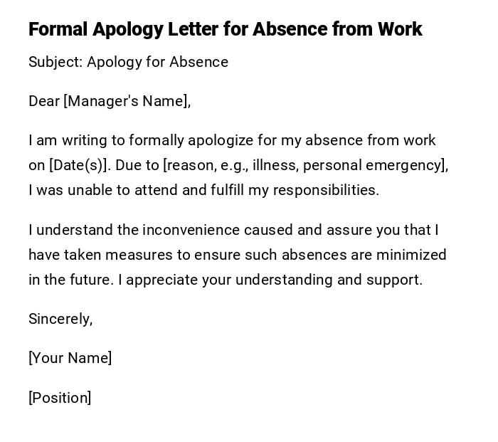 Formal Apology Letter for Absence from Work
