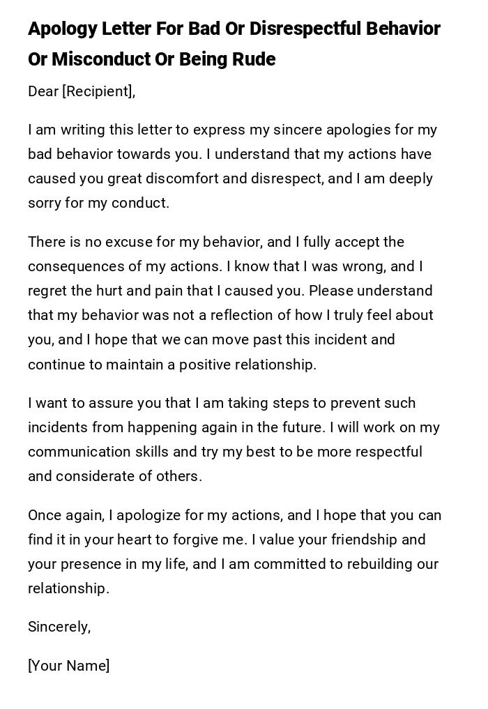 Apology Letter For Bad Or Disrespectful Behavior Or Misconduct Or Being Rude