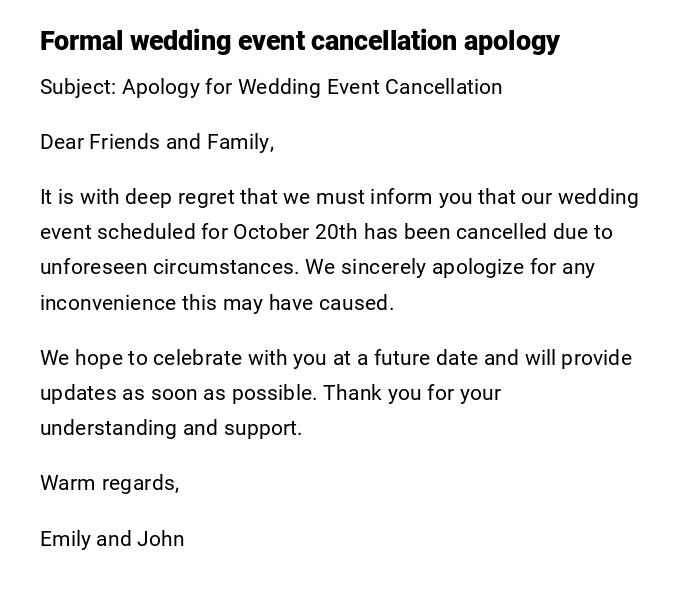 Formal wedding event cancellation apology
