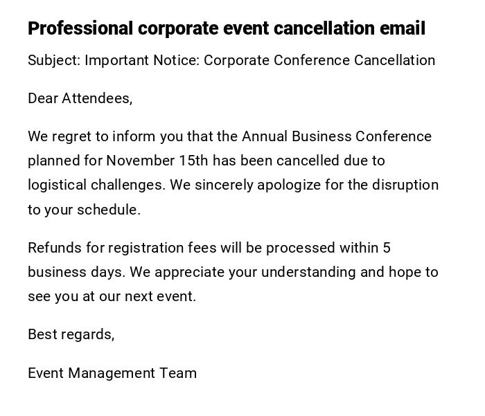 Professional corporate event cancellation email