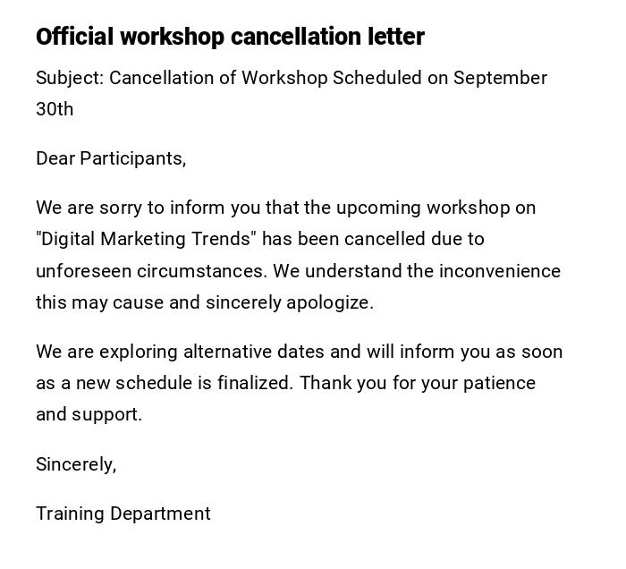 Official workshop cancellation letter