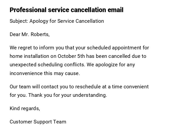 Professional service cancellation email