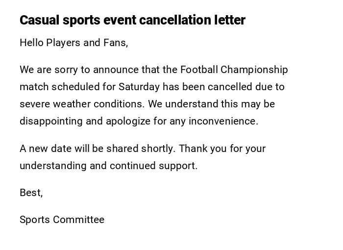 Casual sports event cancellation letter