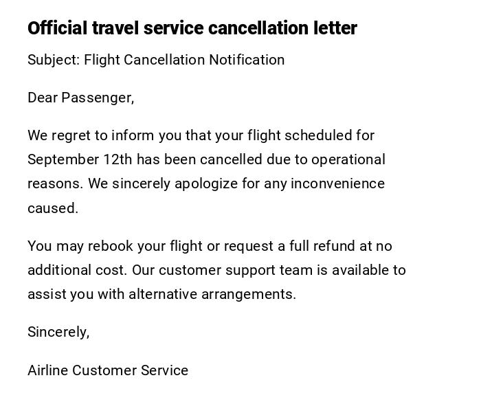 Official travel service cancellation letter