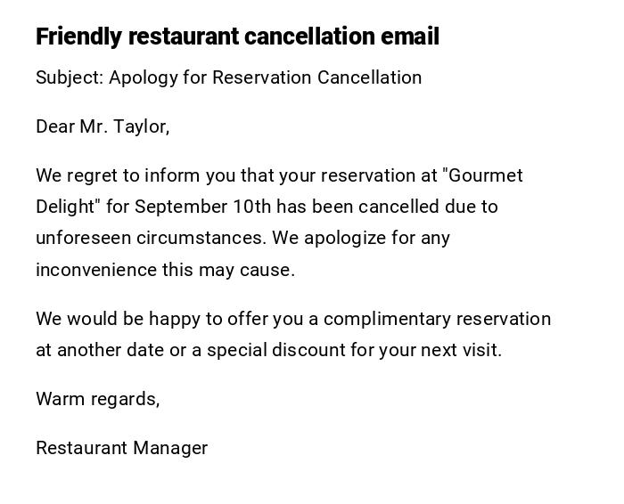 Friendly restaurant cancellation email