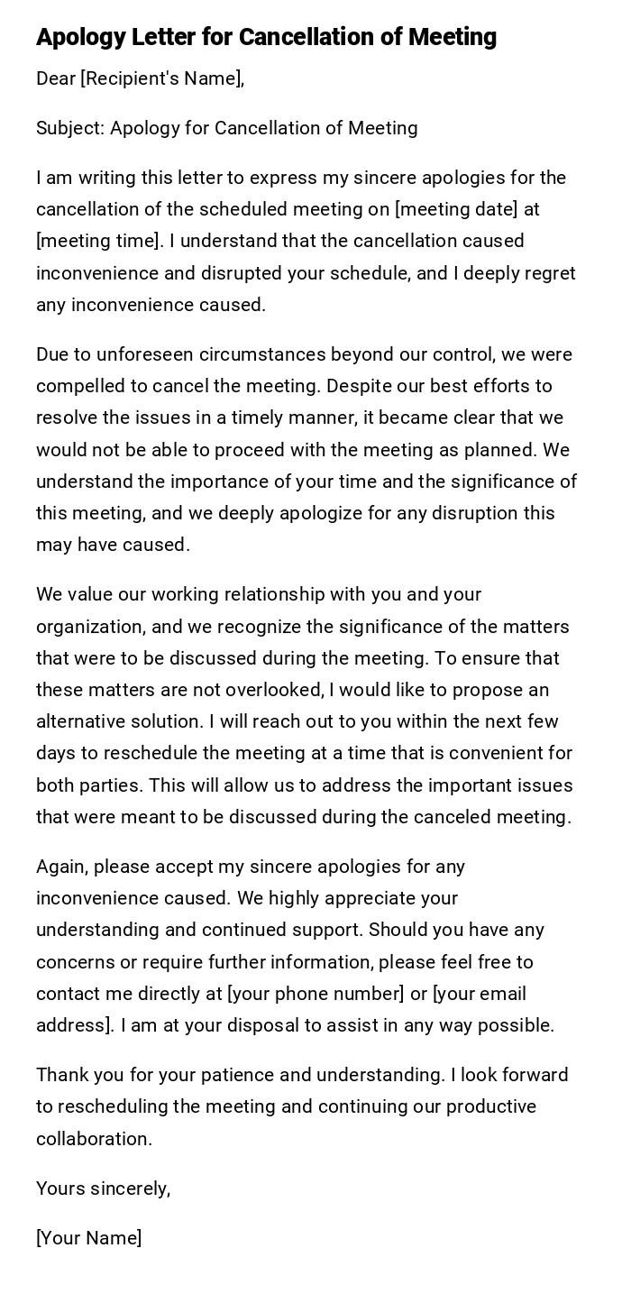 Apology Letter for Cancellation of Meeting Apology Letter for Cancellation of Meeting