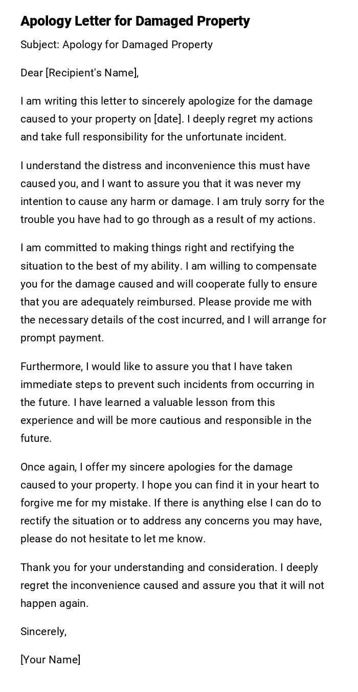 Apology Letter for Damaged Property Apology Letter for Damaged Property