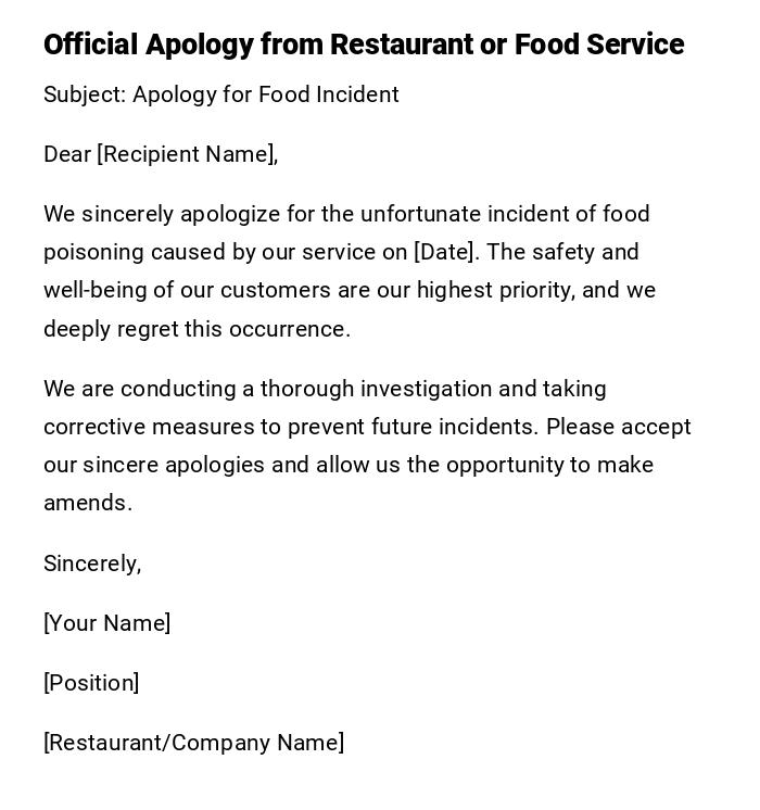 Official Apology from Restaurant or Food Service