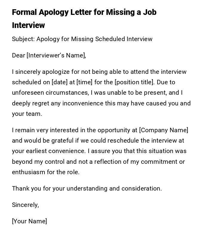 Formal Apology Letter for Missing a Job Interview