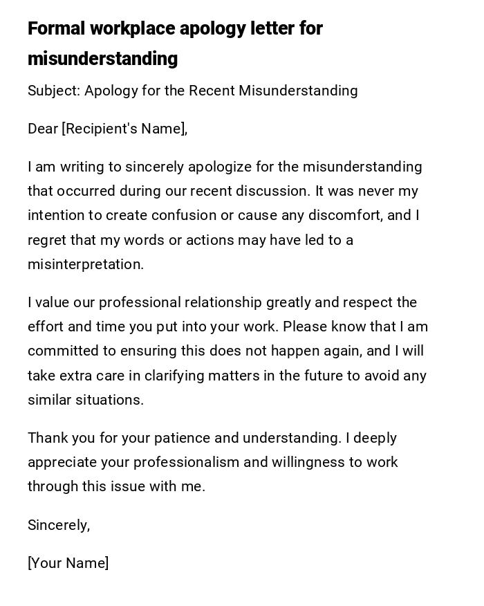 Formal workplace apology letter for misunderstanding