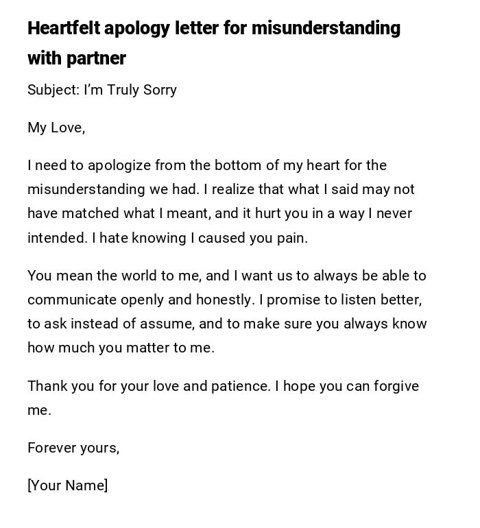 Heartfelt apology letter for misunderstanding with partner