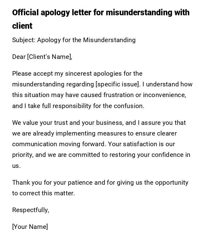 Official apology letter for misunderstanding with client