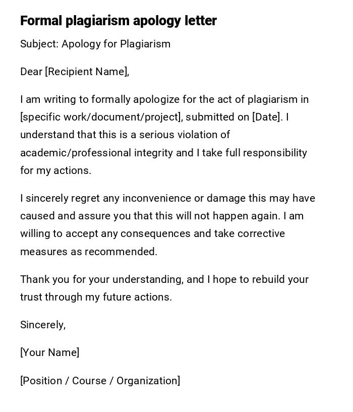 Formal plagiarism apology letter