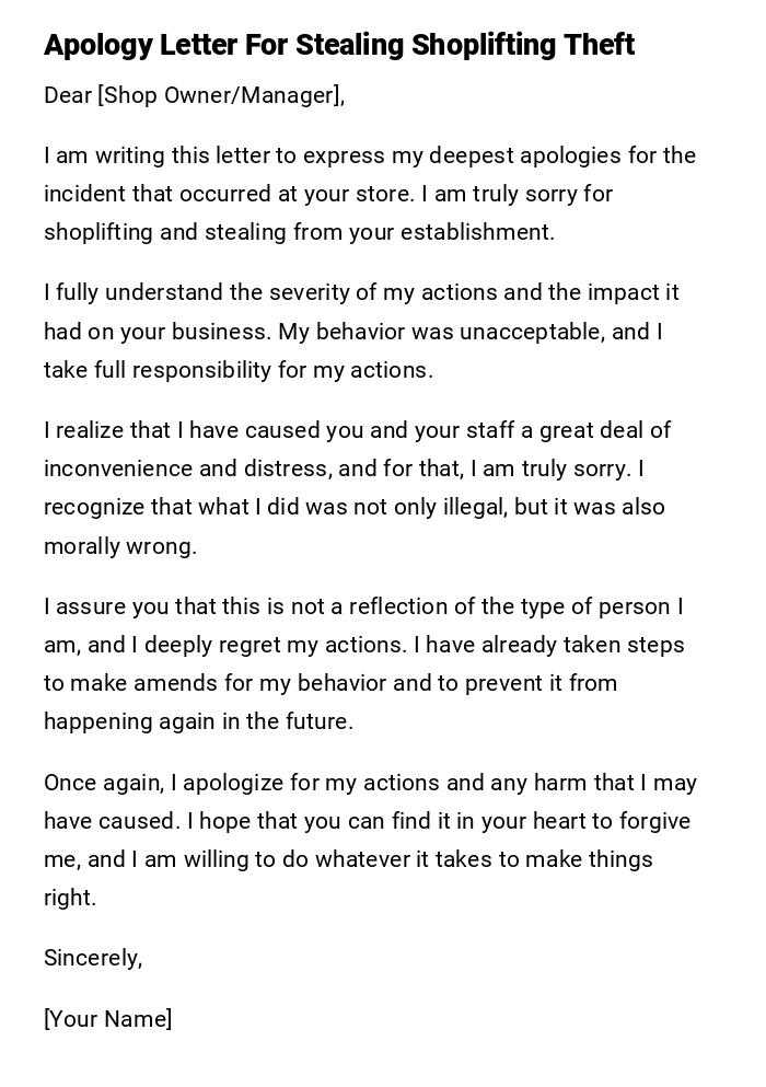 Apology Letter For Stealing Shoplifting Theft Apology Letter For Stealing Shoplifting Theft